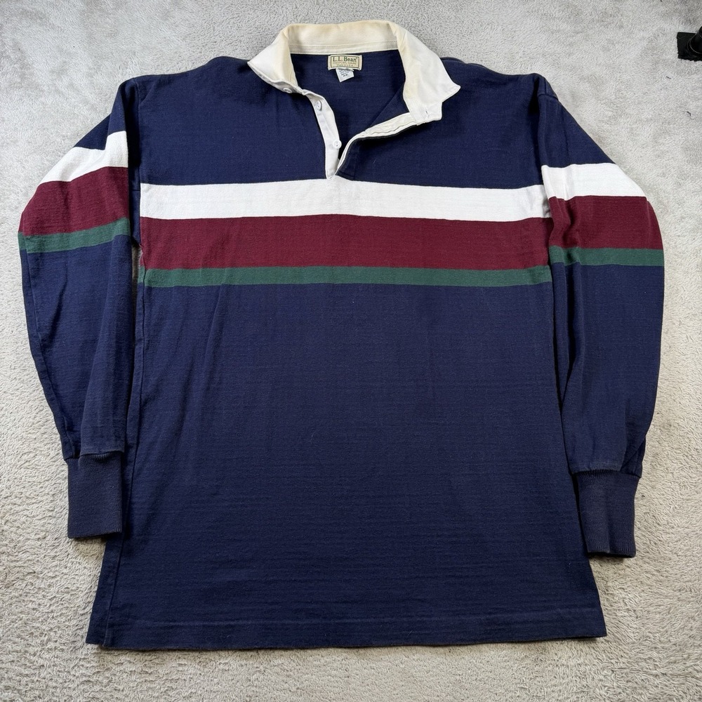 Vintage LL Bean Rugby Shirt Mens XLT Navy Striped Long Sleeve Made in USA